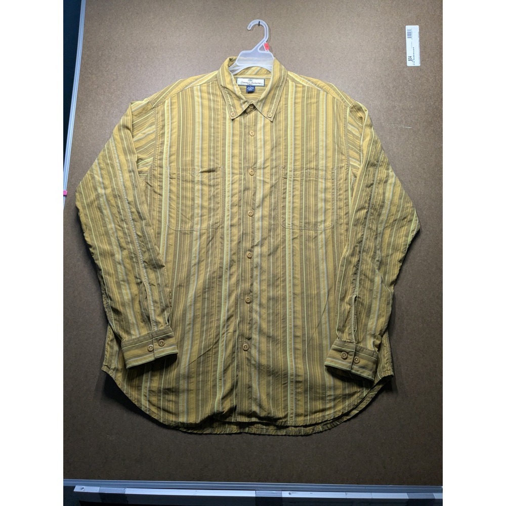 Tommy Bahama Mens Silk Cotton Striped Button Down Shirt Mustard Yellow Large